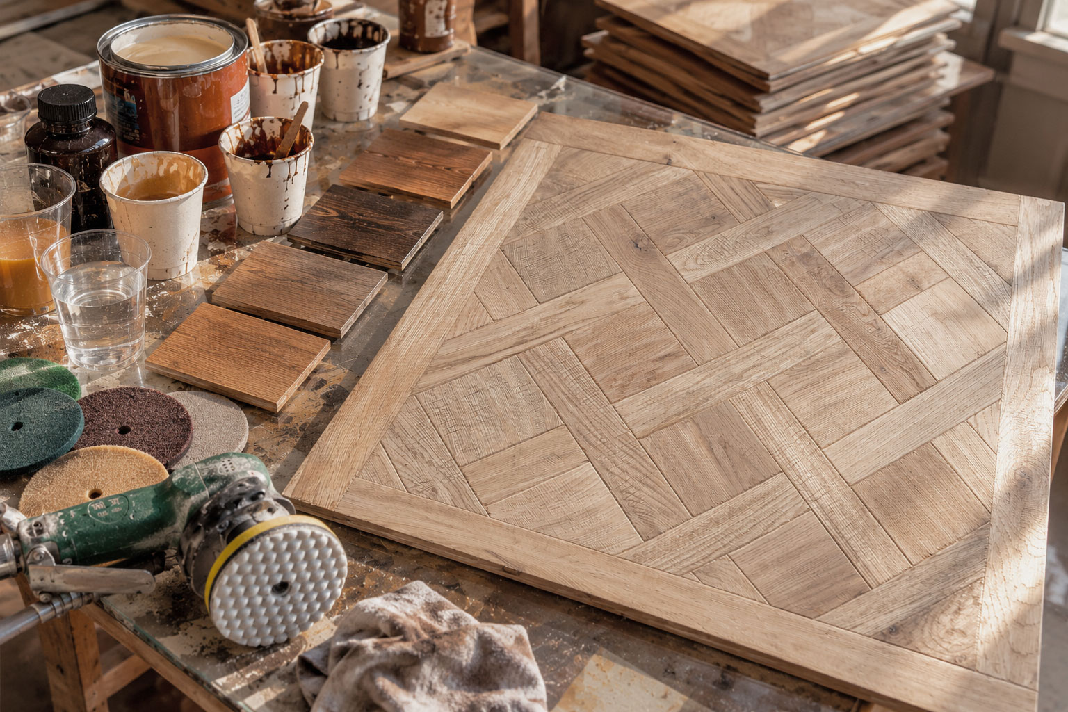 Versailles parquetry colour and finish samples in the Decentra workshop