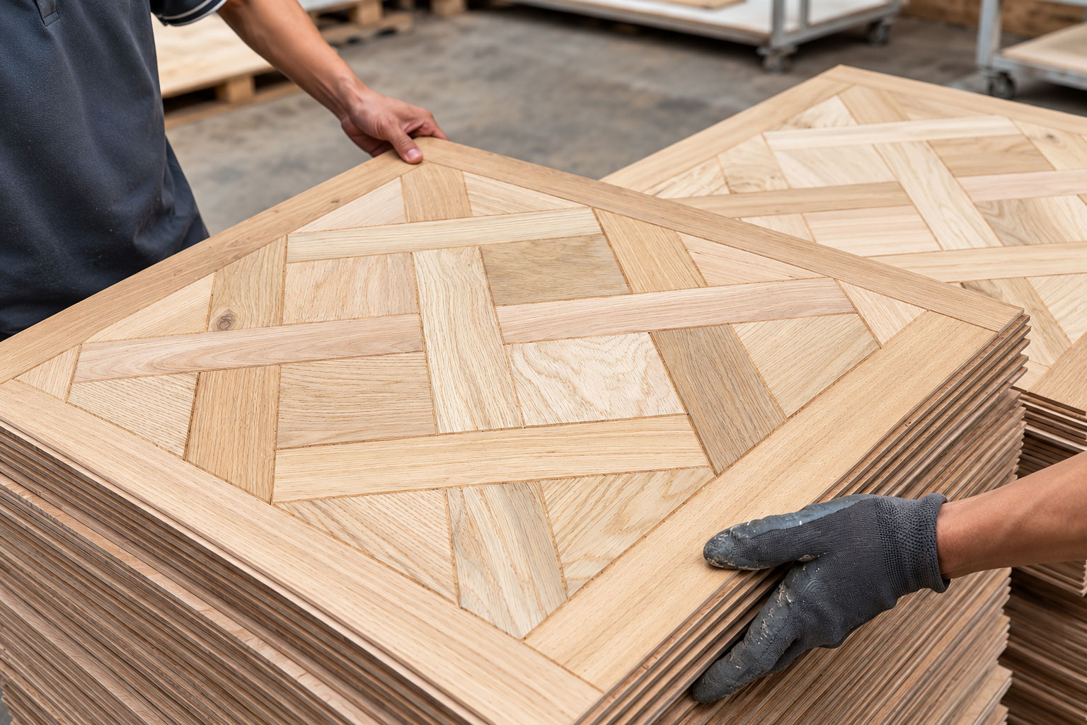 Handcrafted Versailles parquetry panels in production